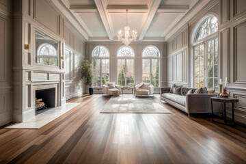Fototapeta na wymiar Beautiful living room interior with light walls, hardwood floors and fireplace in new luxury home. Neoclassical style with large windows. High quality generative ai