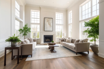 Fototapeta premium Beautiful living room interior with hardwood floors and fireplace in new luxury home. Modern style and dark furnishings with large windows. High quality generative ai