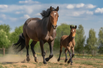 mare running along with her foal looking at the camera.