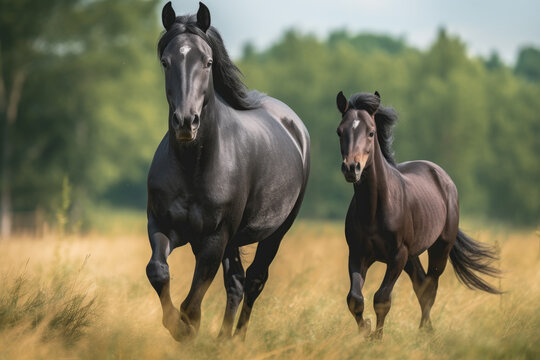 black mare running along with her foal looking at the camera.