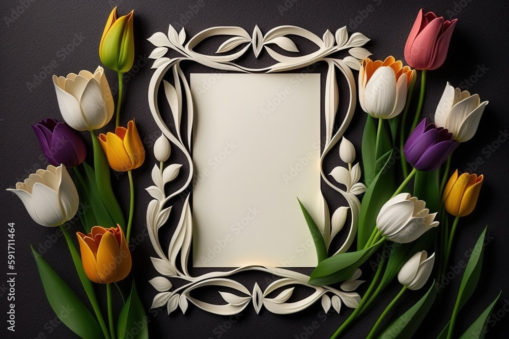 Poster set a vase of tulips in a notebook cover. generative ai