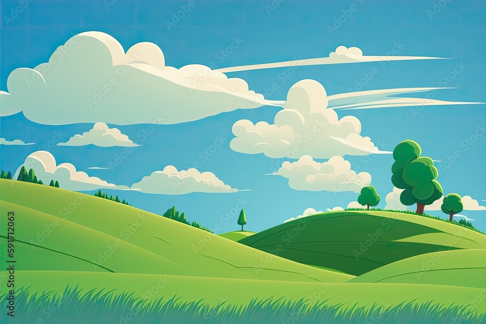 Poster serene green landscape with tall trees and fluffy clouds in the sky. generative ai