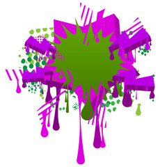 Green graffiti speech bubble with purple elements. Abstract modern street art design. Discussion, Message symbol performed in urban painting style.