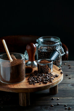tamper coffee and coffee presser, dark backgrounds