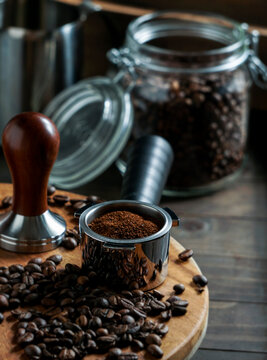 tamper coffee and coffee presser, dark backgrounds