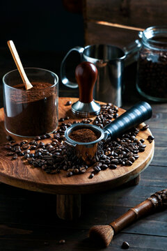 tamper coffee and coffee presser, dark backgrounds
