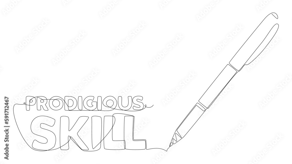 Poster one continuous line of prodigious skill word written by with felt tip pen. thin line illustration ve