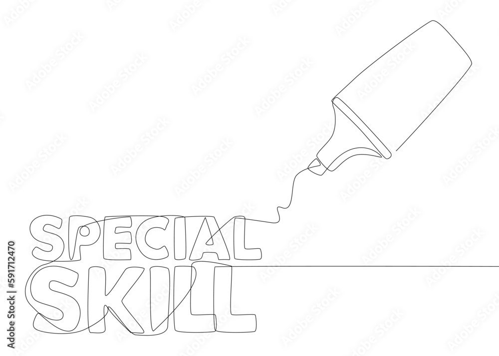 Poster one continuous line of special skill word written by with felt tip pen. thin line illustration vecto