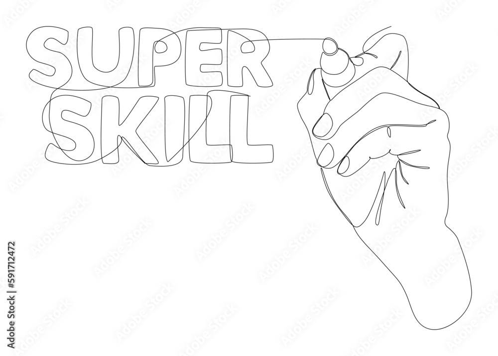 Poster one continuous line of super skill word written by with felt tip pen. thin line illustration vector 