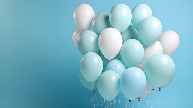 blue and white balloons, blue bubbles beautiful birthday texture, party background, birthday in blue tones, on pastel light blue background, generative ai