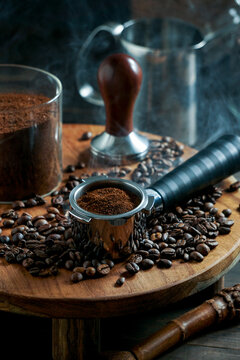 tamper coffee and coffee presser, dark backgrounds