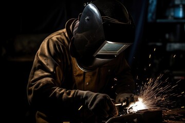 Welder welding metal, lots of sparks, wearing protective welding gear. High quality generative AI
