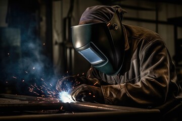 Welder welding metal, lots of sparks, wearing protective welding gear. High quality generative AI