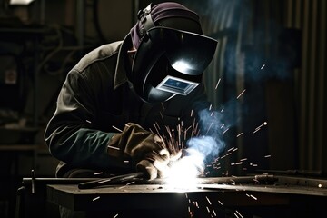 Welder welding metal, lots of sparks, wearing protective welding gear. High quality generative AI
