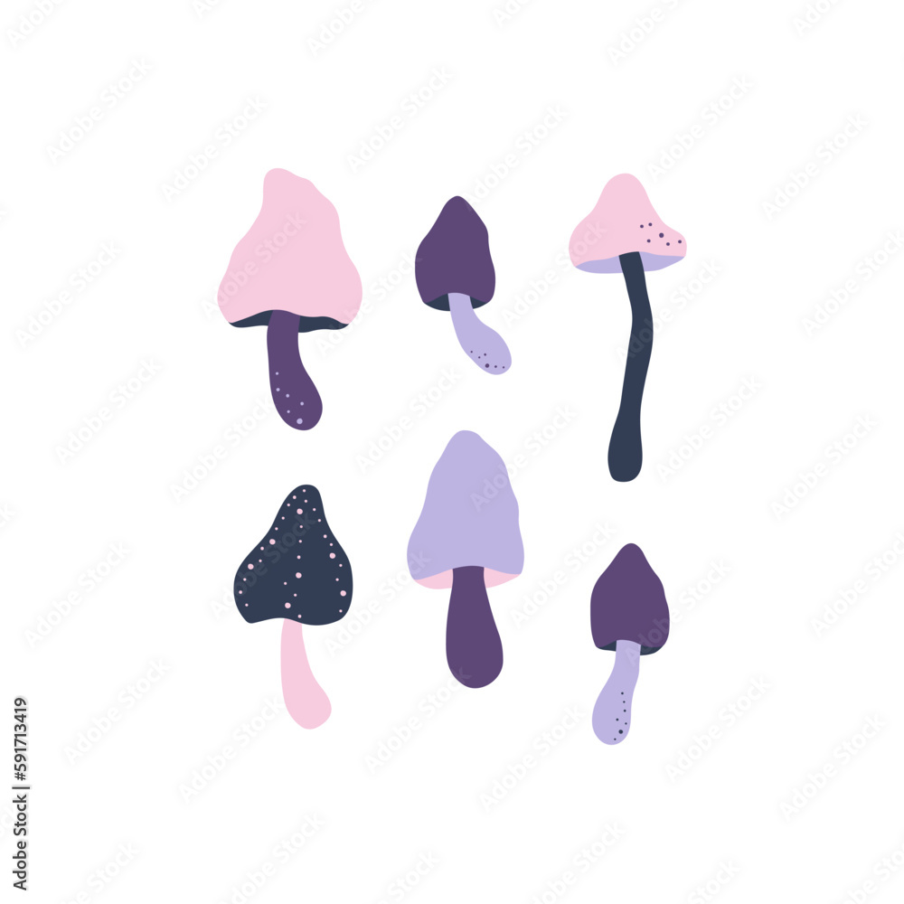 Wall mural fairy mushrooms vector poster. cartoon fungi amanita, toadstool illustration isolated on white. hand