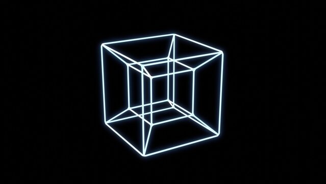 tesseract hypercube fourth dimension 3d representation. can be used to represent mathematics geometry, a 3d neon cube or futuristic science
