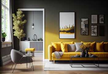 A modern living room, in a minimalist millenium crib, high ceiling and filled with warm yellow and khaki colour as the wall blend in with the design of the furniture. Generative AI