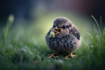 Fototapeta premium small bird perched on top of a vibrant green field. Generative AI