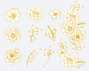 set of hand drawn gold flowers