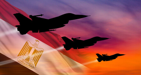 Group of aircraft fighter jet airplane. Egypt flag. National holiday. 3d illustration