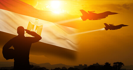 Group of aircraft fighter jet airplane. Egypt flag. National holiday. 3d illustration