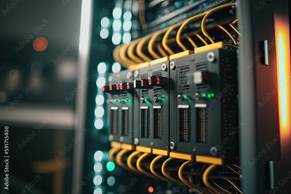 Poster close up of a server in a brightly lit server room. generative ai