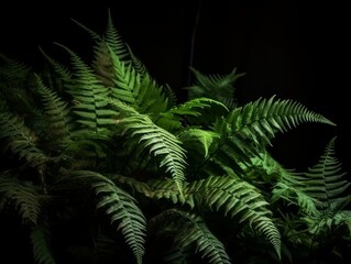 Green leaves fern tropical rainforest foliage plant on black background