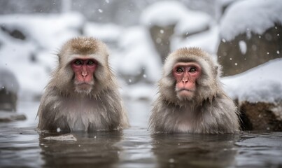 Japanese wild macaques soak in hot springs in heavy snow