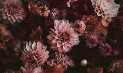 A close up photograph of a bouquet of pink and lavender flowers, in the style of muted, earthy tones, vintage aesthetics, light pink and dark emerald, light pink and light brown