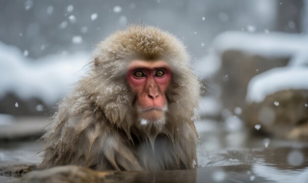 Japanese wild macaque soak in hot springs in heavy snow