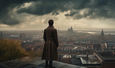 A young man with a trench coat standing in an empty city as storms roll in