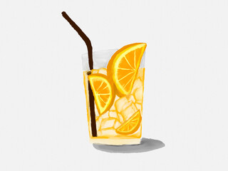 Orange Juice And Fruit Oil Paint Flat Hand Drawn Illustration, Isolated on Transparent Background,PNG image.