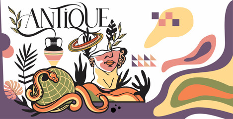 vector doodle with snakes around a globe and decorated with faces of ancient greek knights, flower pots, leaves, planet venus. Myth, ancient Greek style. A classic statue in a bohonia modern style. 