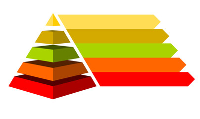 Infographic statistical hierarchical illustration of red with orange with yellow and green triangles divided , Pyramid shape made of five layers for presenting business ideas or disparity