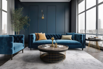 Modern and luxurious living room with a comfortable blue sofa, pillows, rug, coffee table and antique blue furniture, generative AI