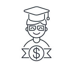 Money for education. Affordable education. Charitable Foundation for Education. Financial aid for education.Vector linear icon isolated on white background.