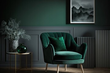 green velvet chair in a dimly lit room. Generative AI