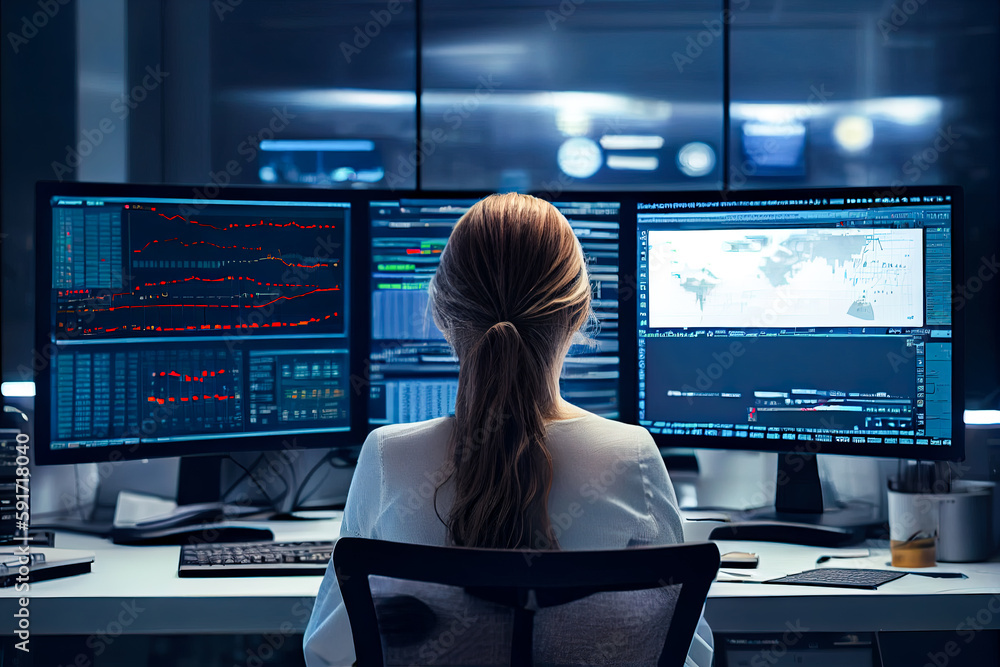 Poster rear view of young businesswoman working with multiple computer screens. generative ai