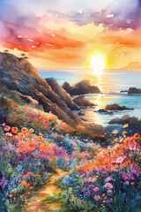 Painting Illustration of Colorful wildflowers along the Pacific Coast in California, Humanly enhanced and AI-Generated image.