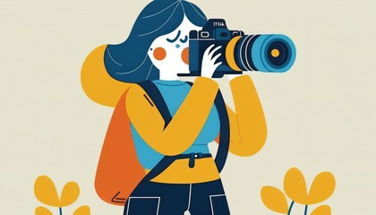 adventurer girl with camera, person taking photo illustration, pastel colors artistic drawing with background, generative ai