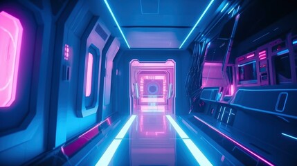 neon corridor background, subway station in motion colorful cyberpunk fantasy world tunnel, product display area empty space banner, reflective surface illuminated purple and blue glow, generative ai 