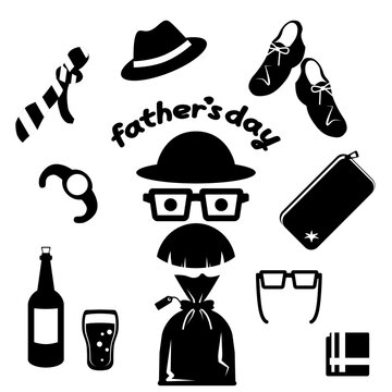 白黒で描かれた父の日のアイテムイラストセット