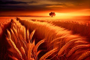 Foto op Plexiglas Donkerrood Wheat field at sunset. Beautiful Nature Sunset Landscape. Rural Scenery. Generative AI
