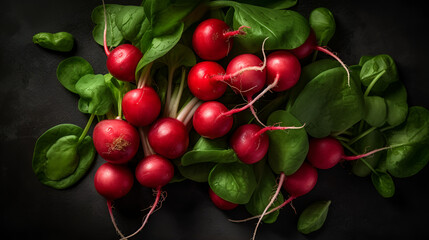 Bunch of red radishes with leaves on a black background, top down view
