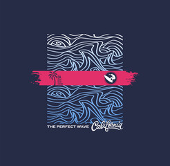 Vector illustration on the theme of surfing and surf in California, Venice beach. Stamp typography, t-shirt graphics, print, poster, banner, flyer, postcard