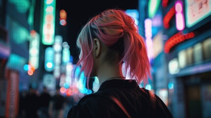 Fototapeta na wymiar portrait of a short hair girl from behind looking at a city full of neon street light adverts, crowded at blurred background, neon red and blue colors, Japanese signs, generative ai
