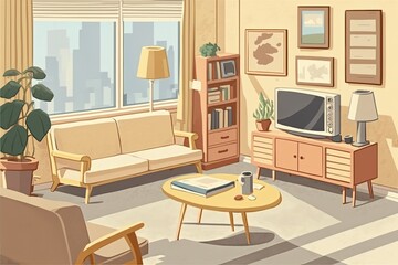 cozy living room with modern furniture and a large flat screen tv. Generative AI