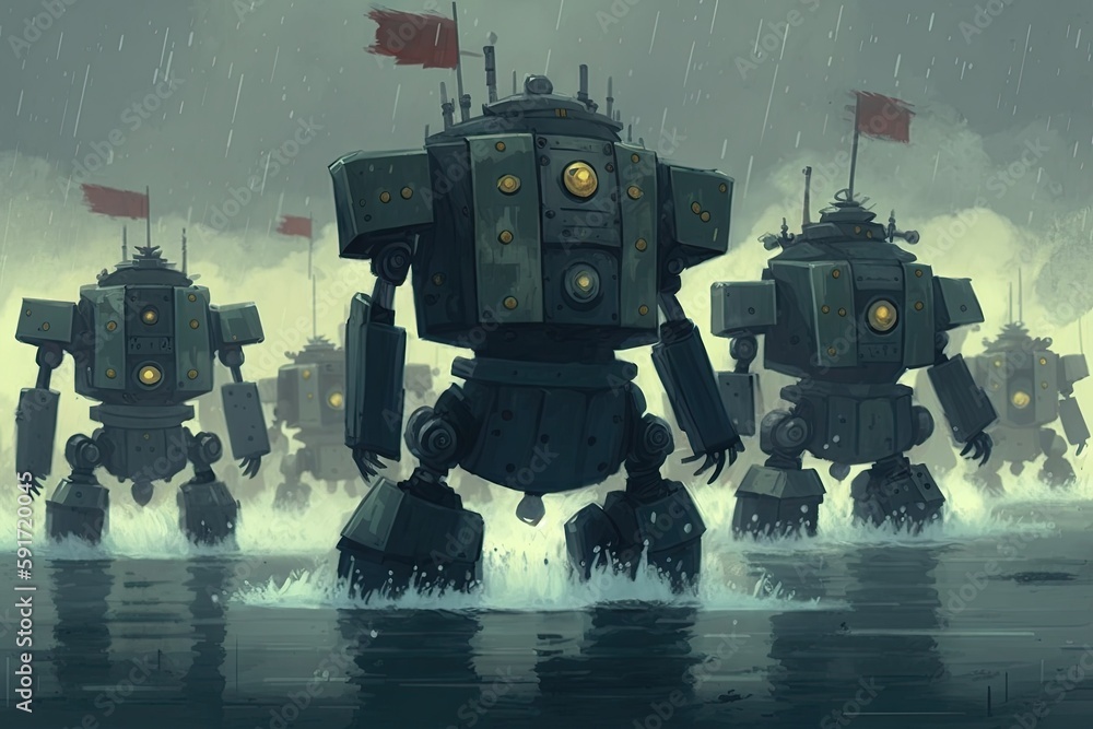 Poster robots standing in shallow water with a sunset in the background. generative ai