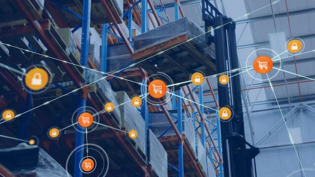 Animation of network of connections with icons over warehouse