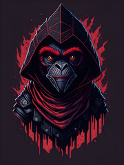 Evil ninja Baboon with t-shirt design, generative ai